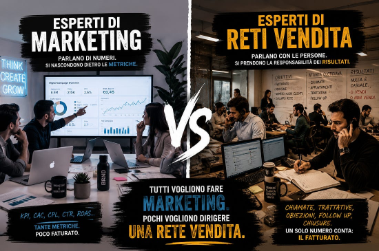 Infografica a confronto: esperti di marketing che parlano di numeri e si nascondono dietro le metriche, contro esperti di reti vendita che parlano con le persone e si prendono la responsabilita dei risultati