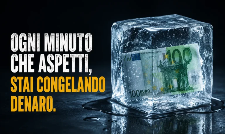 Trattativa di vendita che si raffredda: cubo di ghiaccio con una banconota da 100 euro congelata dentro, testo: ogni minuto che aspetti stai congelando denaro