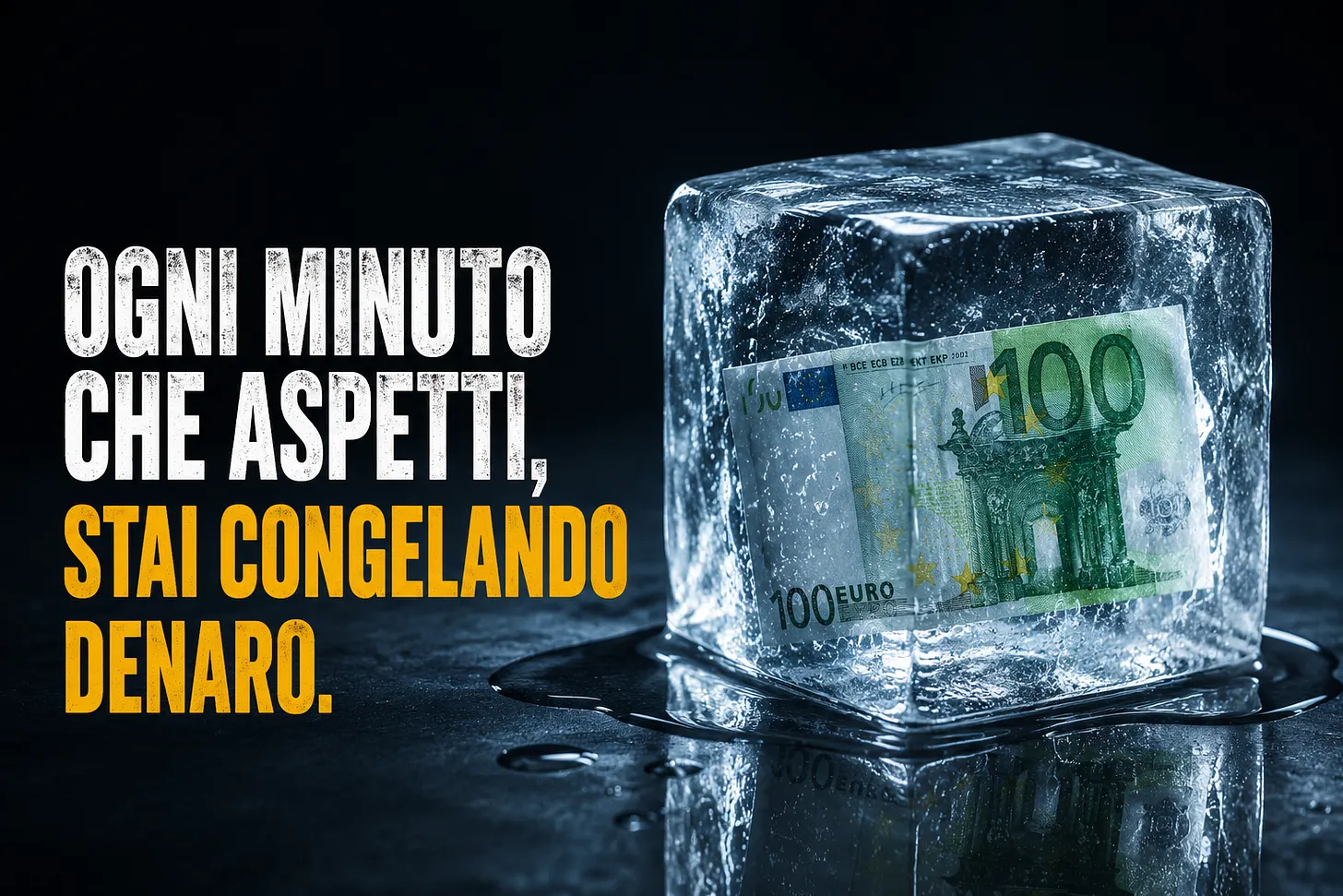 Trattative di vendita che si raffreddano: cubo di ghiaccio con una banconota da 100 euro congelata dentro, testo: ogni minuto che aspetti stai congelando denaro